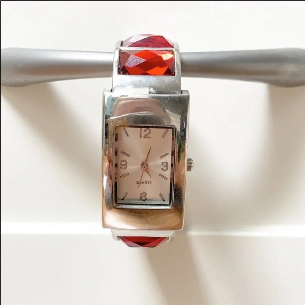 Red silver rhinestone hinged bracelet watch